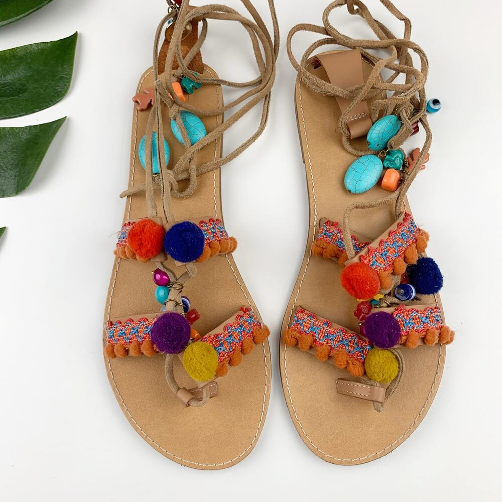 Mia Renata Sandals Natural Leather Pompom Lace Up Beads Charm Ties Women's 9